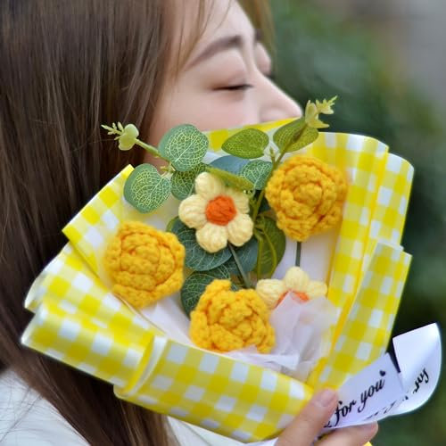 Cenyn Häkelblumen, handgefertigter gestrickter Blumenstrauß, gehäkelter Blumenstrauß, handgefertigtes gestricktes Kunstrose, Gänseblümchen, Geschenke für Muttertag, Geburtstag, Hochzeit, Weihnachten,