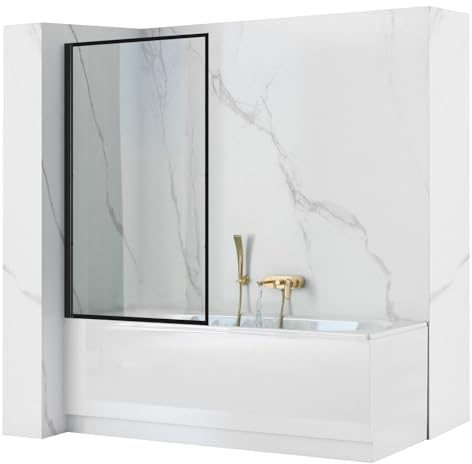 Rea Mampara de bañera Lagos Fix Negro Mampara de bañera sobre pared 80 x 140 cm, cristal de seguridad 5 mm (Acabado perfil: Negro)