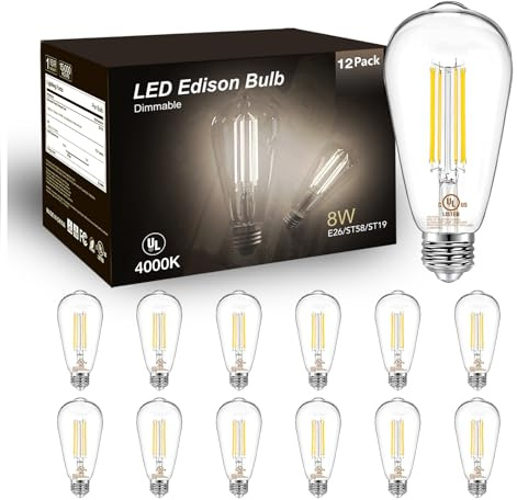 DAYBETTER 12 Pack Vintage LED Edison Bulbs, E26 Led Bulb 60W Equivalent, Dimmable Led Light Bulbs, High Brightness 800 LM Neutral White 4000K, ST58 Antique Filament Bulbs, Clear Glass Style for Home