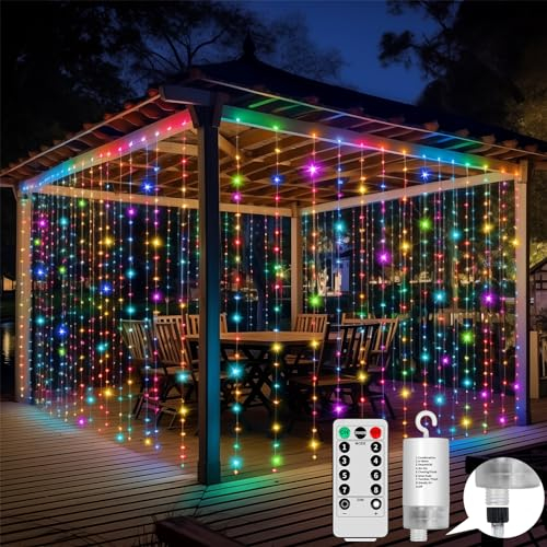 GCMacau Lichtervorhang, 3x3M 300 LEDs Lichterketten Vorhang Bunt Licht, 8 Modi Lichterkettenvorhang mit 10 Haken Fernbedienung Timer, Lichtervorhang Innen Außen für Weihnachten Hochzeit Party Deko