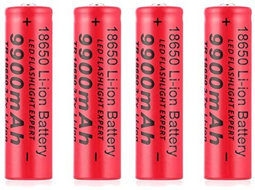 Pilas Recargable, 3,7V Litio Batería, Li-Ion Recargable Batería, 9900mAh Alta Capacidad Batería Linterna/Dron/Luces Solares, Batería Top Botón de Larga Vida para Coches RC (4PCS)