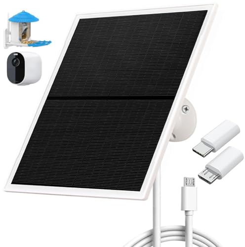 Cargador de panel solar para cámaras de seguridad al aire libre, 10 W, CC 5 V, compatible con cámaras de batería recargable micro USB y tipo C, cable de carga de 9.8 pies, impermeable IP66 (blanco)