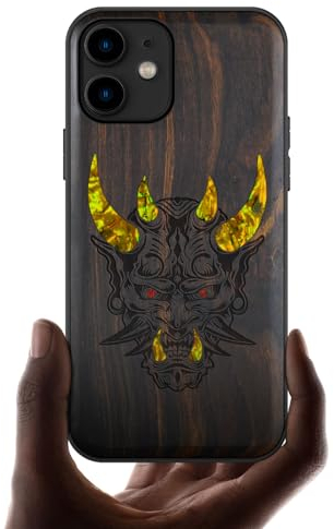 Carveit Coque Compatible avec iPhone 11 Étui en Bois Cover [Gravure en Bois et Incrustation de Coquille] Case pour 11 Coque Premium (Bois Sombre-Masque Japonais Oni)