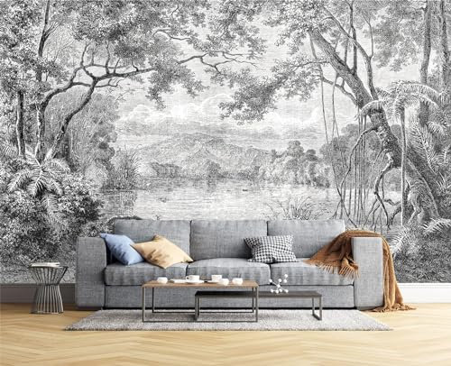 Naturempress Papier Peint Panoramique Jungle Noire Et Blanche Papier Peint Intissé Tapisserie Poster Mural pour Salon Chambre Décoration Murale