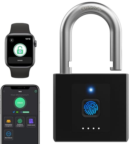 Cadenas à empreintes digitales eLinkSmart sans clé, robuste, étanche, anse de 1 cm avec résistance à la traction de 1 179,3 kg, déverrouillage de l'application pour téléphone ou montre, 320 mAh longue