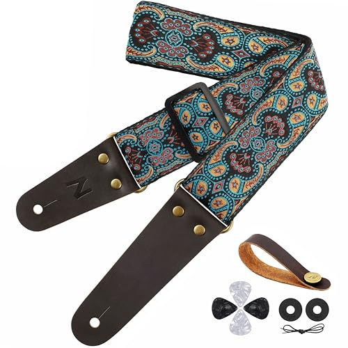 Nefelibata Gitarrengurt, bestickte Baumwoll-Gitarrengurte mit Kopf-Enden aus Rindsleder, für Bass, elektrische und akustische Gitarren, kostenloser Gurtknopf, 1 Paar Gurtschlösser und 4