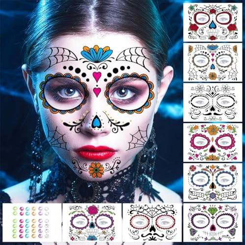 Gesicht Halloween Schminke Erwachsene & Kinder Set - Böses Lächeln Tattoo, Make Up Gesichtstattoo Skelett Vampir Zombie Tattoos Aufkleber Kunsthaut Tattoo Zubehör