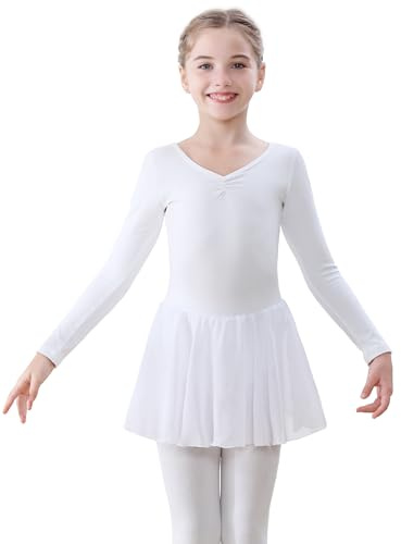 FONLAM Ballettkleid Tanzkleid Mädchen Langarm Balletttrikot Turnanzug Tanztrikot Ballettanzug Ballett Tütü Kinder (12-13 Jahre, Weiß)
