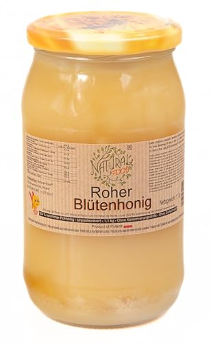 Natural-Food - Miele di fiori - Miele grezzo - Miele millefiori direttamente dall'apiario - Non filtrato, non centrifugato, non riscaldato - Prodotto dalle api - Senza additivi - 1,1kg