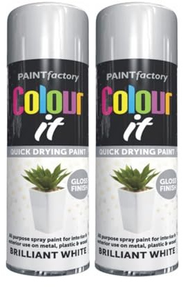 DIOXSTAR 250ml Brilliant White Gloss Spray Paint, 2 Pack, Acrylic, Quick Drying, Suitable for Metal, Plastic & Wood Surfaces, Interior & Exterior Use
