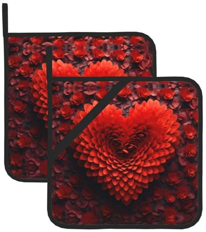 HYTTER Set di 2 presine per la rimozione del coperchio della cucina, spesso, resistente, isolamento antiscottatura, 20,3 x 20,3 cm, immagine di cuore rosso con fiore di San Valentino