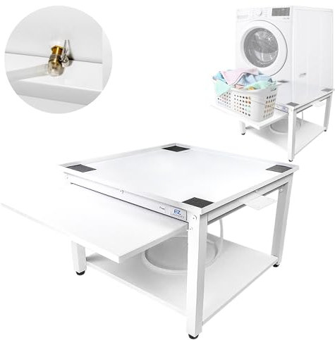 Washer and Dryer Pedestal with Pullout-Shelf - 27 W, 18 H, White Steel Universal Fit with Major Brands | Laundry Pedestal with Drain Pan & Hose | Washer Stand for Back Pain Relief, 800 lbs Capacity