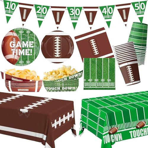 Football Party Supplies Kit Serve 24 Includes Plates Napkins Cups Trays Bowls Tablecloth Banner for Football Game Day Sport Birthday Party Decorations