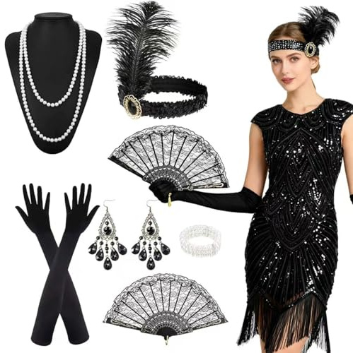 HBWHNIU Charleston Damenkleid 20er Jahre Kleid 1920er Jahre Kleid Pailletten und Fransen, Vintage Flapper Kleid, mit Zubehörset, 20er Jahre Kostüme für Damen, Karneval, Cocktail (A, L)
