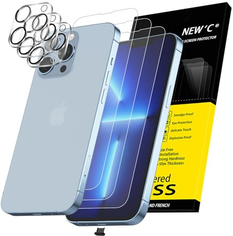 NEW'C 3x for iPhone 13 Pro Screen Protector (6.1 inches)+ 3x Camera Lens Protector, Sensor Protection + Dust Plug - Case Friendly Tempered Glass Film, Ultra Resistant