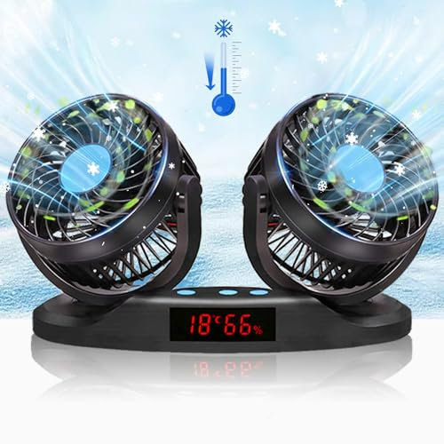 Cherubfunz Ventilatore Auto, Ventilatore a Doppia Testa 12V, 12 Velocità e Rotazione a 360°, 5 Display LED di Temperatura e Umidità, Ventilatore di Raffreddamento per Auto Camion Furgone SUV Barca