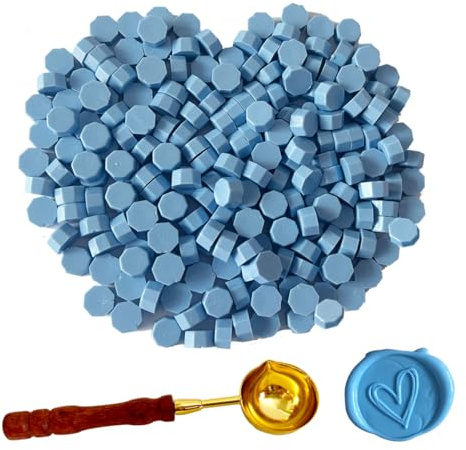 BJOYEE 200 Stück Siegelwachs Blau, Siegelwachs Perlen mit 1 Schmelzlöffel, achteckiges Wachssiegel-Set für Stempel, für Einladungen/Umschläge/Karten/Weinpakete/Geschenkverpackungen