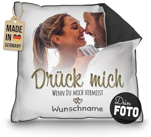 Print Royal PR Kissen mit Foto und Name selbst gestalten - Drück Mich - Personalisiertes Geschenk zum Jahrestag, Valentinstag, Geburtstag, Rückseite Schwarz, inkl. Kissenfüllung, 40 x 40 cm