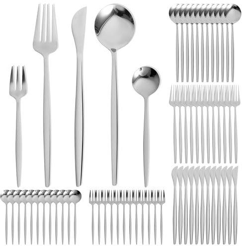 Besteck Set 12 Personen, 60 Stück Edelstahl Essbesteck mit Messer Gabel Löffel Besteckset, Hochglanzpoliert Edelstahlbesteck Spülmaschinenfest Bestecksets für Küche Haus Party Restaurant (Silber)