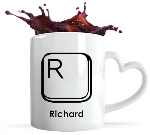 Planetee Tasse Coeur Richard Lettre Clavier | Mug avec anse en forme de Coeur | Idée Cadeau Prénom Informaticien Geek Gamer Anniversaire Papa Collègue Départ Retraite Noël