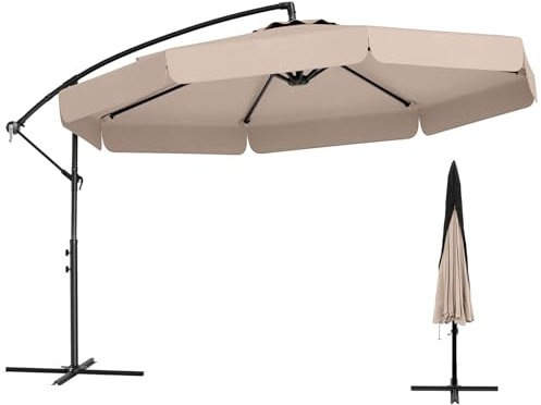 COSTWAY Ombrellone da Giardino 305 cm con Copertura, Ombrellone a Braccio con Inclinazione Regolabile, Manovella, 8 Stecche, Telo Protettivo Solare, Parasol da Giardino (Beige)