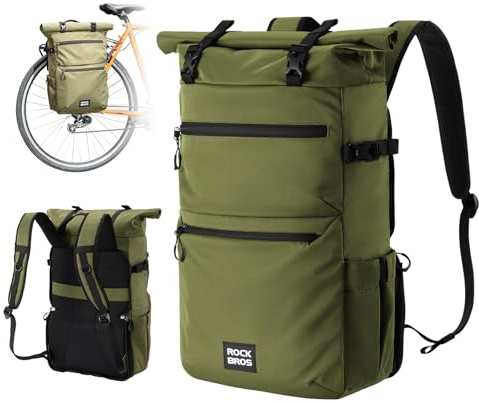 ROCKBROS 3 en 1 Sacoche Vélo Porte-Bagage Arrière 11-16L, Sac à Dos, Sac à Main, Multifonctionnel pour VTT Outdoor Voyage Sport Vert Armée
