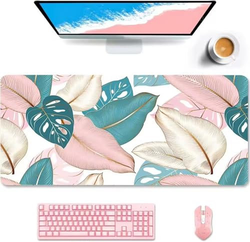 Alfombrilla Ratón XXL, 1500x800x3mm Alfombrilla de Ratón Gaming, Grande Mouse Pad con Bordes Cosidos, Alfombrilla Escritorio Grande, Mejora la precisión y la Velocidad (Hojas de Palma Rosadas)