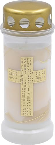 Bolsius Grave Light - White with Motif - Pack of 12 - Cross - Length Burning Time 70 Hours - Funeral Candle & Memorial Candles - Clean Burning - Without Palm Oil