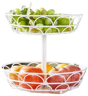 Cesto di frutta a doppio strato in metallo bianco, elegante ciotola per frutta fresca e snack per tavolino, cucina e decorazione della casa, elegante soluzione per riporre frutta fresca e snack