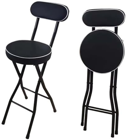 Sgabello da bar pieghevole con schienale, 65 cm, sedia da bistrot imbottita, per cucina, isola, casa, giardino, altezza regolabile, design compatto (nero)