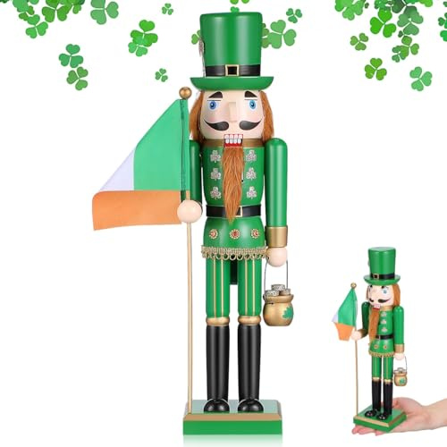 MAGICLULU 38cm St Patrick’s Day & Easter Nutcracker – Traditional Irish Wooden Soldier Ornament with Emerald Shamrocks – Spring Home Decor Centrepiece for Mantelpiece, Shelf & Easter Displays