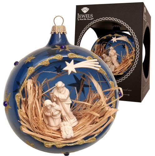 Krebs Glas Lauscha - Weihnachtsdekoration/Christbaumschmuck aus Glas - Weihnachtsbaumkugel Reflex - Motiv: Krippenszene Blau - Glitzernd Verziert mit Strasssteinen - Größe: ca. 8 cm