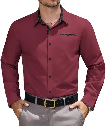 Elainone Men's Dress Shirts Long Sleeve Formal Business Shirts for Men Contrast Colour Casual Shirts with Pocket Red 2XL