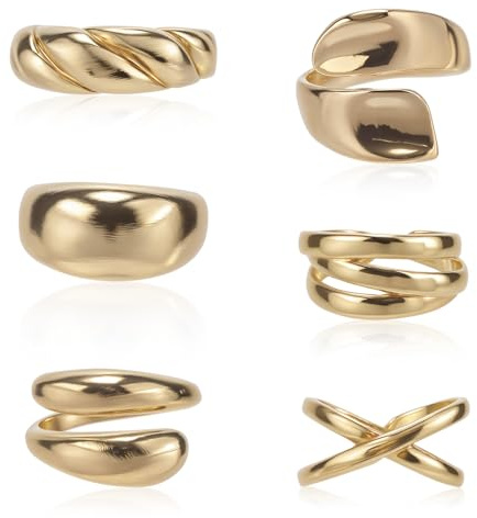6pcs Alliage Plaqué Or 18 Carats Bague pour Femme, Empilables Anti-Ternissement Bague Gros Doigt Tailles 7 à 9 Tendance Bijoux Tendance pour Tous les Jours