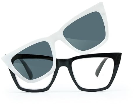 2-i-1 Magnetiska Läsglasögon med Clip-On Solglasögonlinser Solglasögon Solglasögon Anti-UV Smart-Click (vit & svart, 2.0)