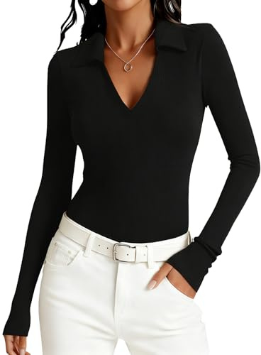 Dressmine Long Sleeve Tops Women T Shirts V Neck Henley Fitted Polo Shirt Basic Y2K Tops Work Business Ribbed Blouse