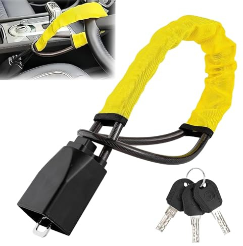 TOCMSNHG Steering Wheel Lock, Car Steering Wheel Locks, High Visibility Seat Belt Lock, Heavy Duty Anti-Theft Device Fit for Cars, SUVs, Vans, Caravans, 3 Keys (Yellow)