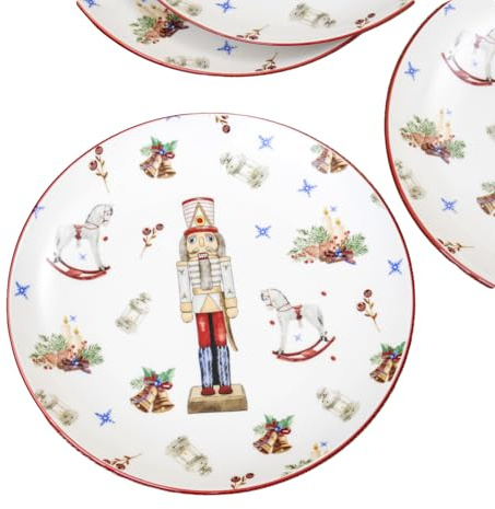 Darthome Nutcracker Christmas Dinner Plates, 27cm Ceramic, Set of 4, White with Red Trim