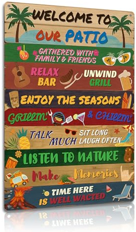Welcome to Our Patio Metal Wall Sign 8×12 Inch – Rustic Garden & Outdoor Plaque – Weatherproof Aluminium BBQ Bar Decor 8×12 Inch (2567)