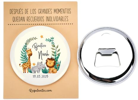 Pack de 12 Chapas abrebotellas personalizadas con imán, 58 mm, Envoltorio opcional, Detalles bautizo, Detalles invitados bautizo, Detalles personalizados bautizo, Regalantes (Modelo Selva)