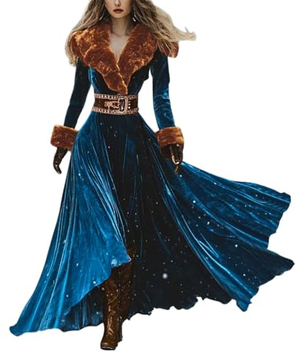 ORANDESIGNE Donna Vestito Vintage in Velluto Abito Western a Maniche Lunghe Abbigliamento Country Elegante Maxi Abito Invernale C Blu XL