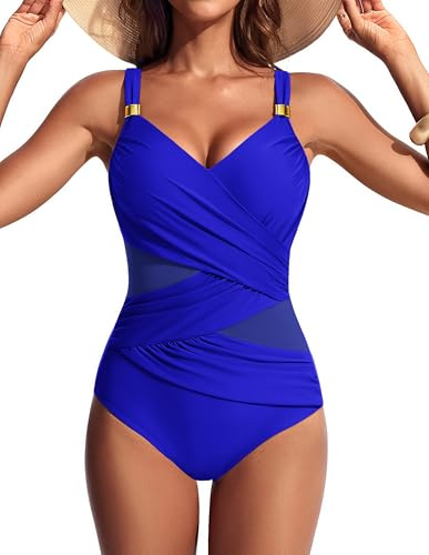Hanna Nikole Damen Badeanzug Bauchweg,Push up Schwimmanzug Swimsuits Sexy Sheer Mesh Einteiler Bademode,Schlankheits Raffung V-Ausschnitt Monokini