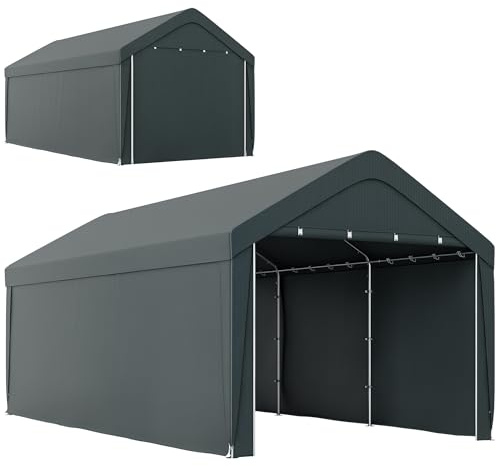 Outsunny Carport Tente de Garage 3 x 6 m, abri Voiture extérieur, Tente de Stockage avec parois latérales Amovibles et 2 Portes zippées enroulables, carport pour Voiture, Camion, Bateau, Gris foncé