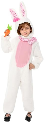 Jorzer kaninkostym barn, vit påskhare kostym set inkluderar kaninhuva, luddig onesie, morotsarmband för påsk halloween jul cosplay, S