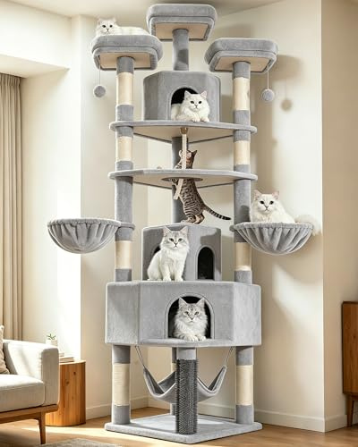 Fobyfurny Kratzbaum Groß, 220 cm XXL katzenkratzbaum, Hellgrau | Großen Höhlen, 3 Plattformen, 8 Sisalstämmen, Hängematte, Katzenbürsten, Körben, Dickem Sisalseil, für Innenräume FPMS011FG1