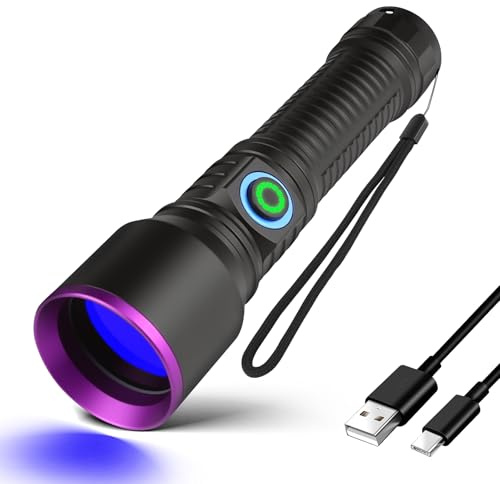 LUXNOVAQ 365nm UV Taschenlampe, USB Aufladbar Schwarzlicht Taschenlampe | tragbares UV-Licht,Erkennung von Tierurin,Aushärtung von Harz,Bernstein,Gesteinen,Geocaching,Skorpionen und Geldscheinprüfer