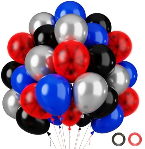 Red Blue Black Balloons - 12 Inch Spider Cool Man Royal Blue Black Red Balloon with Metallic Silver Latex Balloon for Spider Theme Party Decoration Boys Birthday Decorations Graduation Baby Shower