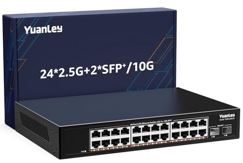 Switch Ethernet Non Géré 2.5G 24 Ports, 24 X Ports 2.5Gb Base-T, 2 X 10G SFP+, Compatible avec 100/1000/2500Mbps, Métal sans Ventilateur, Montage Bureau/Rack YuanLey Switch Réseau 2.5Gbe