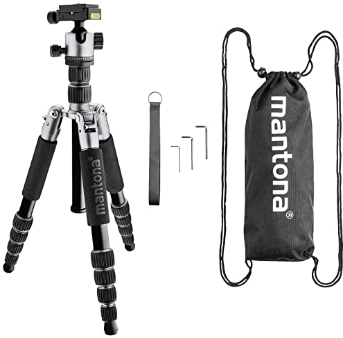Mantona Light Traveller Reisestativ 131,5 cm schwarz/grau, Kamerastativ aus Aluminium bis 5 kg Traglast, leichtes Fotostativ mit Kugelkopf und Arca-Swiss-Schnellwechselplatte, Tripod und Monopod
