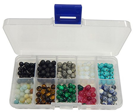 Perlin 180 Stück Edelsteine Halbedelstein Perlen 6mm Bastel-Set 10 Farben Rund Mondstein Lavastein Malachit Jaspis Onyx Tigerauge Tourmalin Sodalith Amazonit Türkis mit Sortierbox